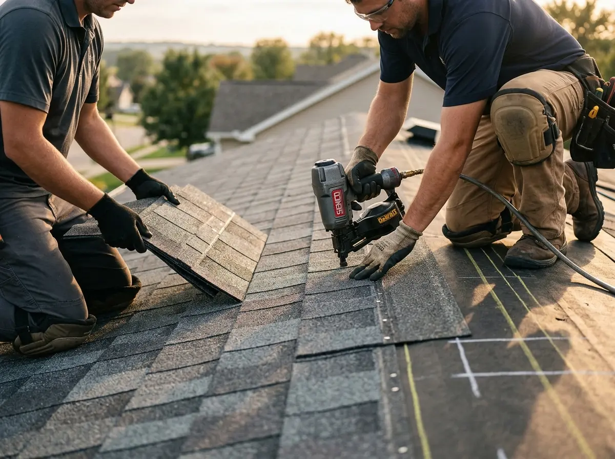 Professional roofer working on a residential roof in North Brunswick